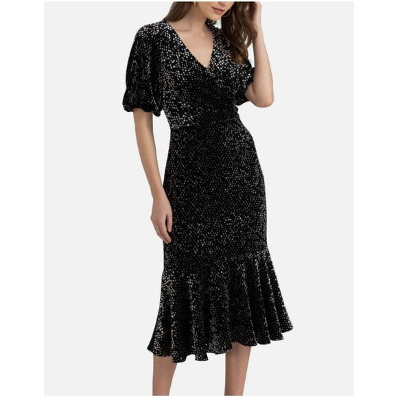 Shoshanna Collette Black Gray Velvet Dot Midi Dress NWT  - Size 8 - Picture 3 of 10